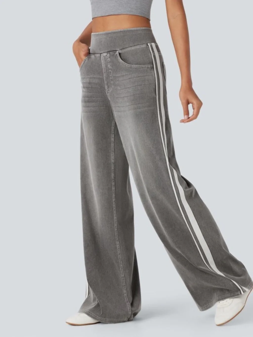 NWT Halara Flex™ High Waisted Stripe Wide Leg Flowy Washed Casual Jeans - L B32